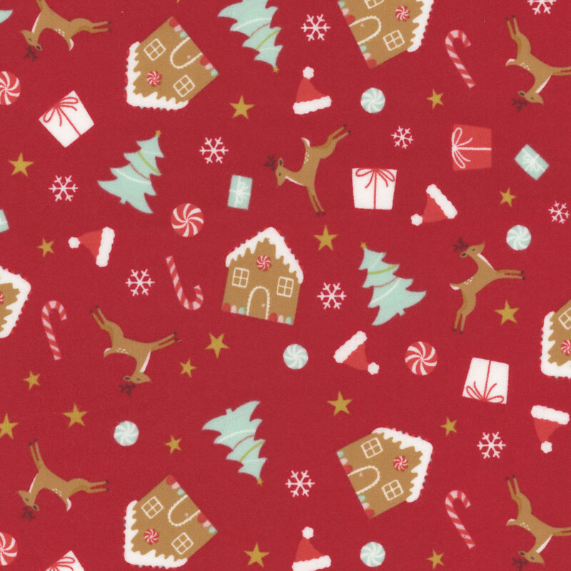 Red fabric featuring a medley of tossed reindeer, stars, Christmas presents, gingerbread houses, mints, and more.
