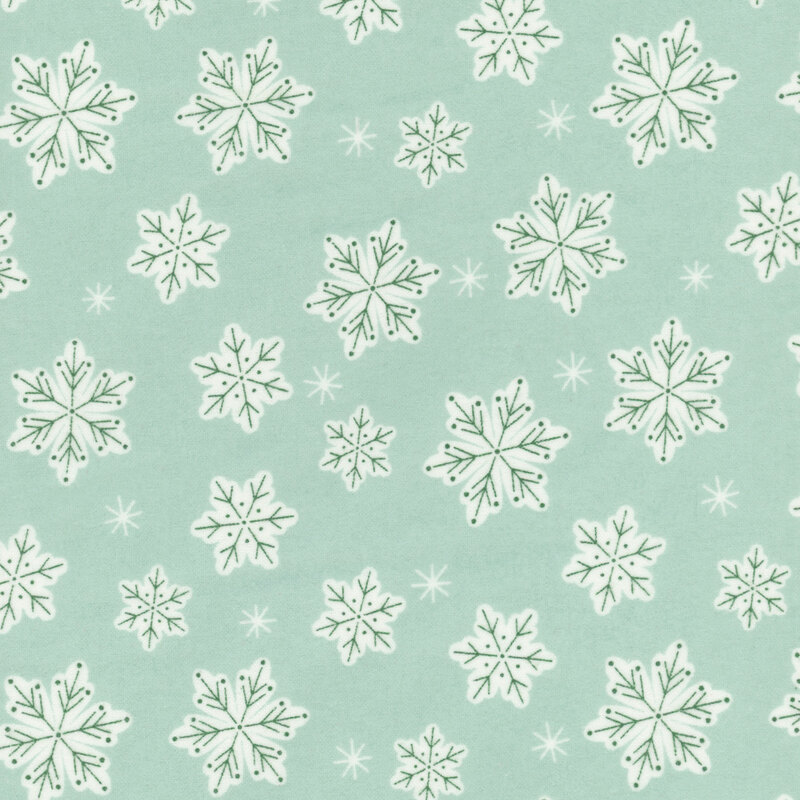 Mint fabric with large white snowflake and small twinkling stars