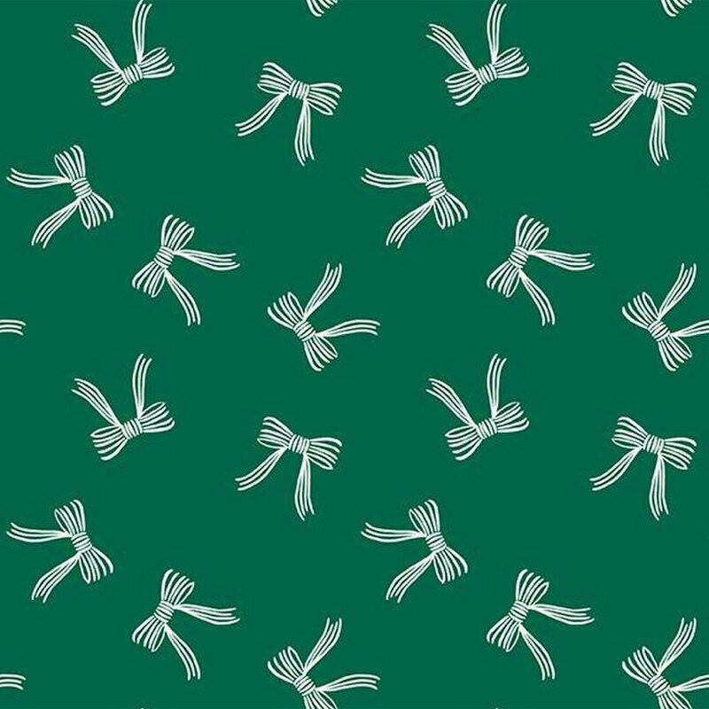 Dark green fabric featuring tossed white Christmas ribbon bows