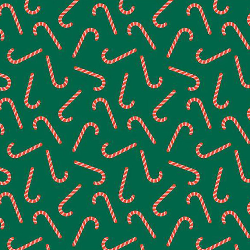 Green fabric featuring tossed red candy canes throughout