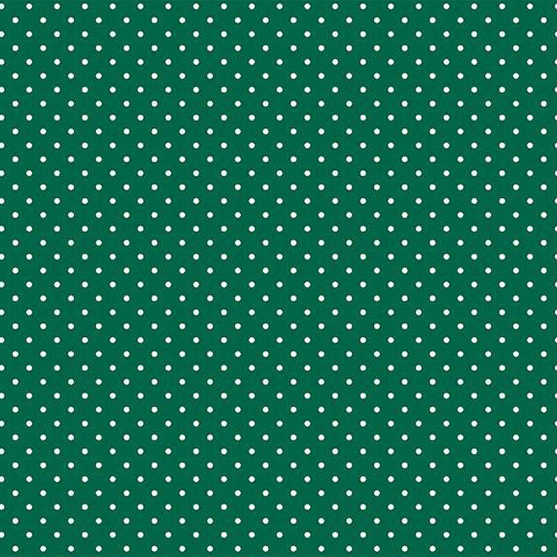 Dark green fabric featuring small white polka dots throughout