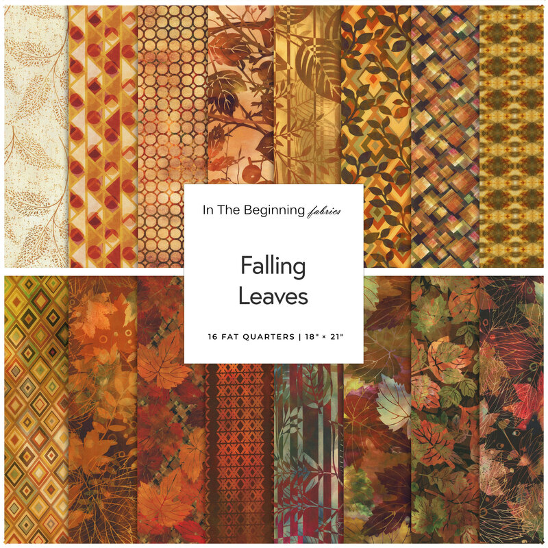 A collage of the featuring various warm-toned fabrics included in the FQ set, inspired by autumn leaves and textures.