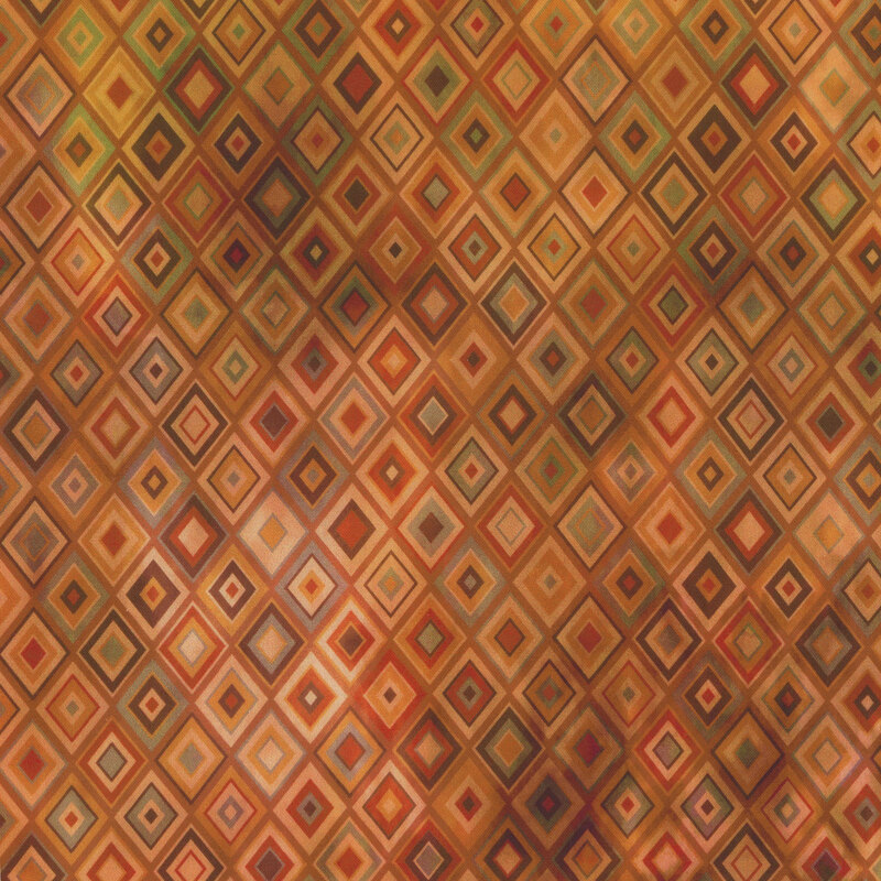 Fabric featuring a repeating pattern of diamond shapes in warm, earthy tones.