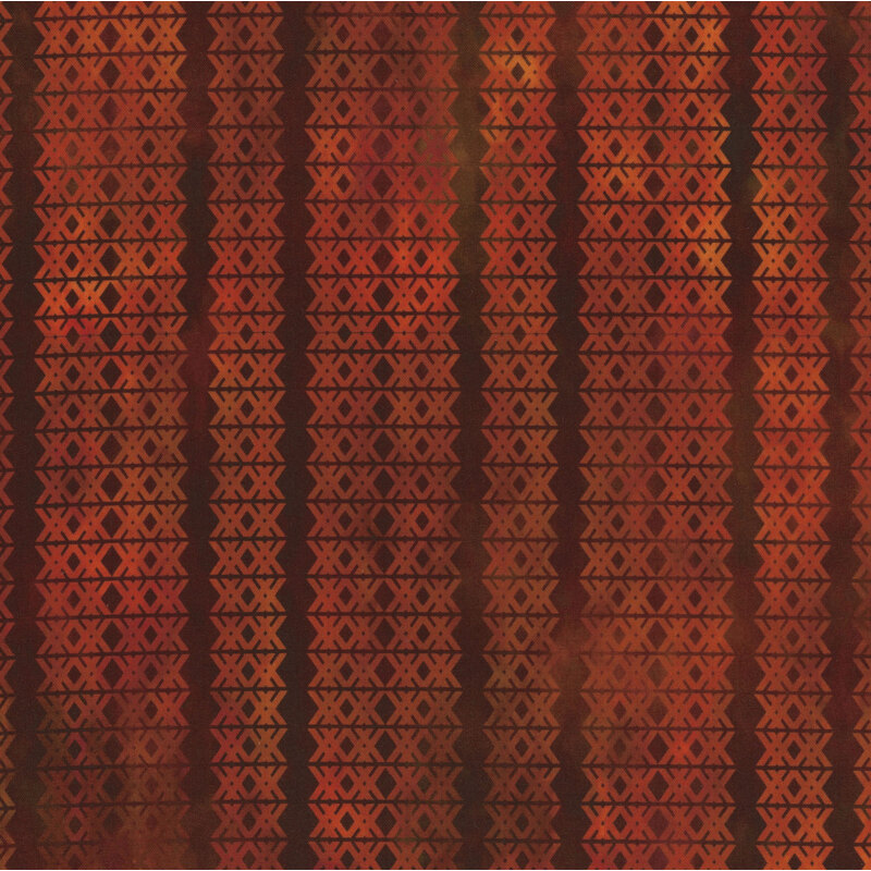 Fabric pattern with alternating diamond shapes in rich orange and dark maroon hues.