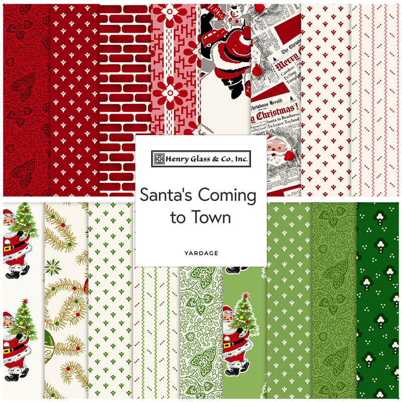 Textiles in red, green, and white feature Christmas patterns, including Santa and festive designs.