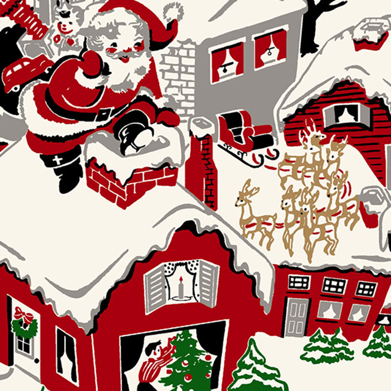 Illustration of Santa Claus on a snowy roof, surrounded by decorated houses and reindeer.