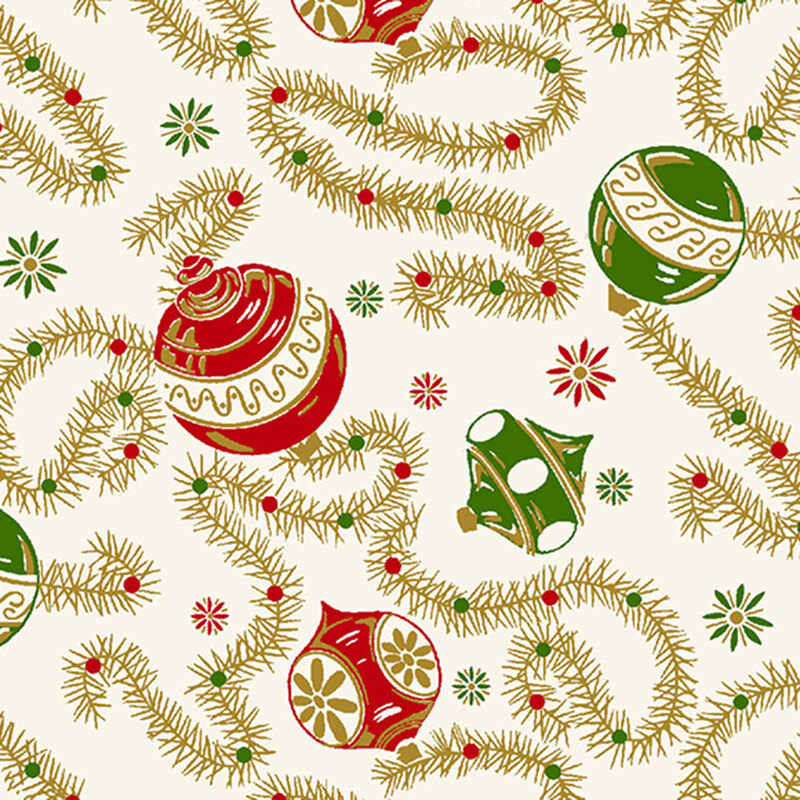 Pattern of festive green and red ornaments intertwined with gold garland on a cream background.