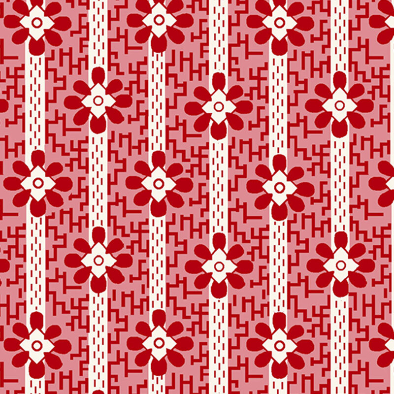 Repeating patterned fabric featuring red flowers and white stripes on a pink background.