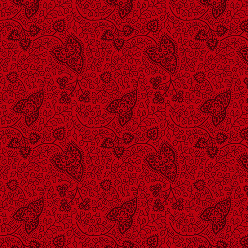 Red fabric pattern featuring intricate black floral and paisley designs.