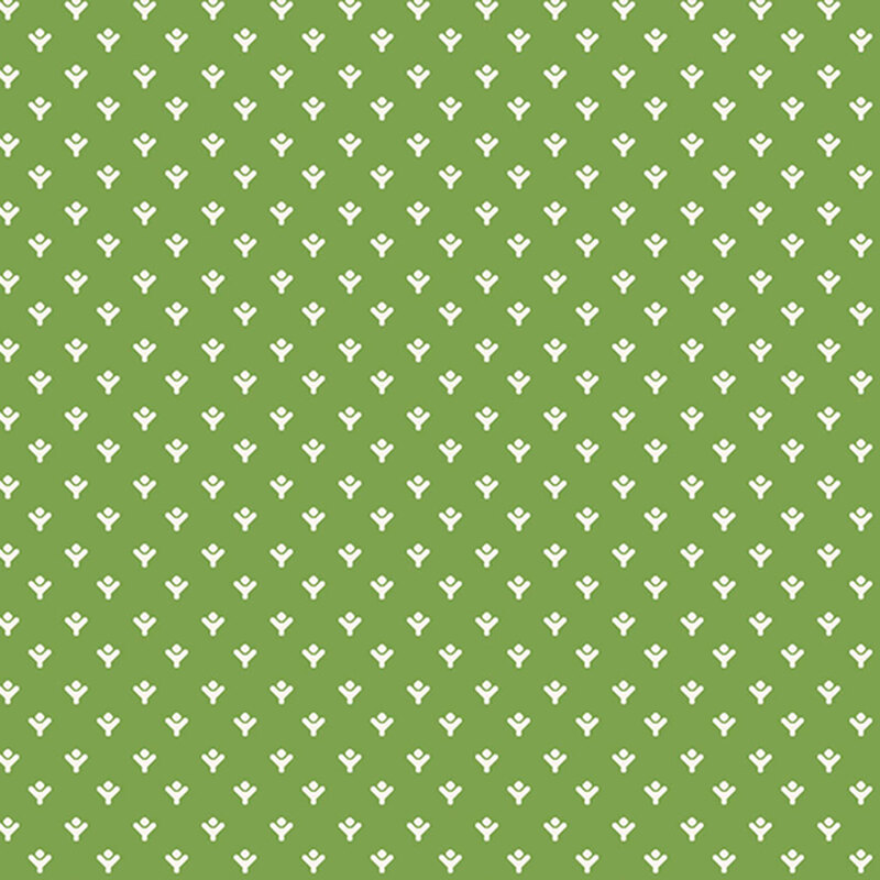 A seamless green pattern featuring small white floral designs.