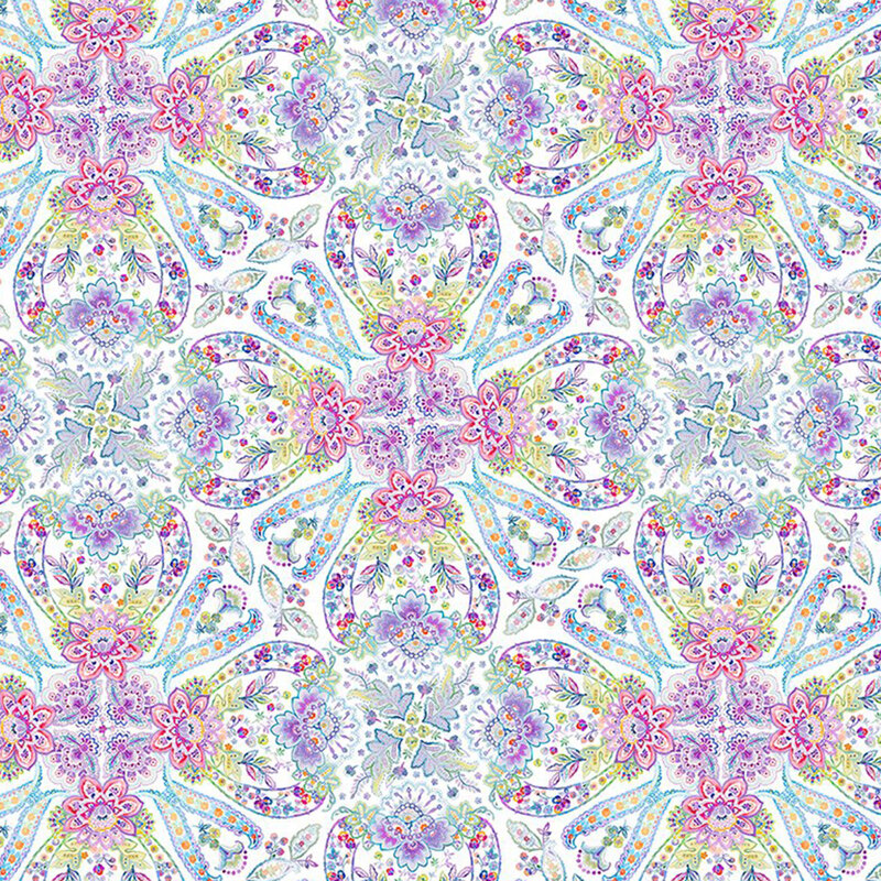 A colorful floral pattern with intricate designs in pastel shades of purple, pink, and yellow.