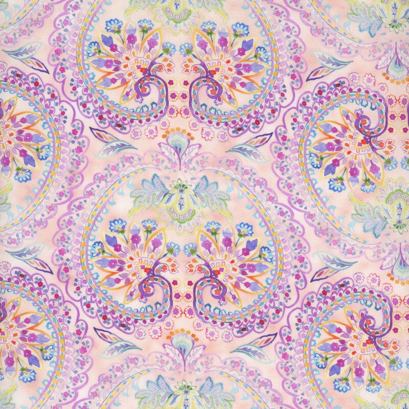 Colorful floral paisley pattern on a soft pastel background, featuring intricate details and swirls.