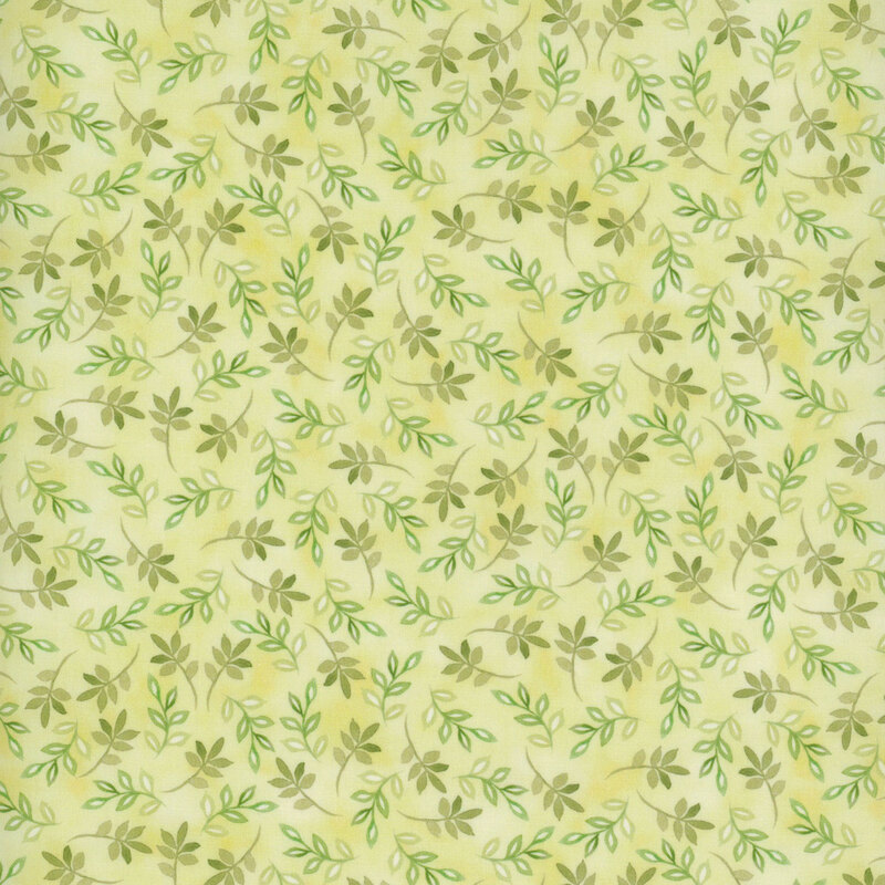 A light yellow background featuring a pattern of small, delicate green leaves.