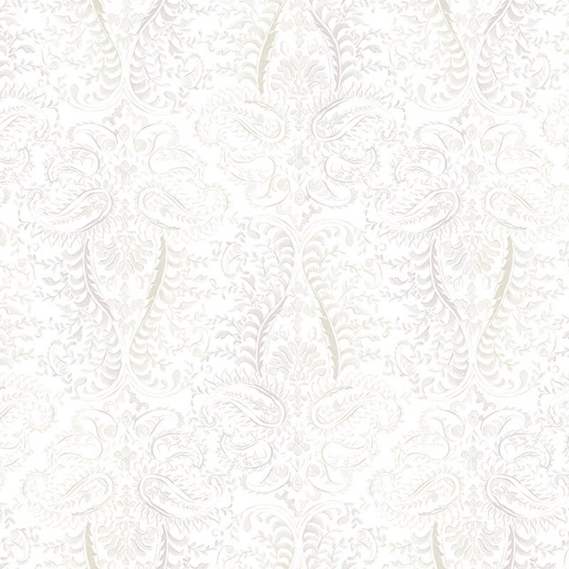 Lightly patterned white fabric with floral and swirling designs in a subtle, muted texture.