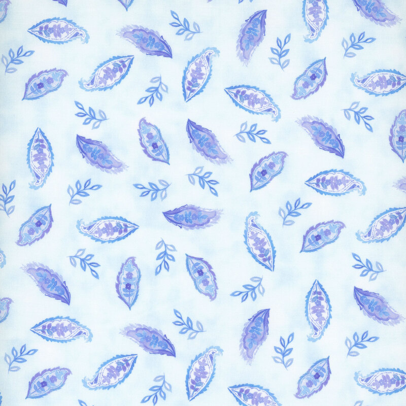 Light blue fabric pattern featuring various purple leaves and small green sprigs.