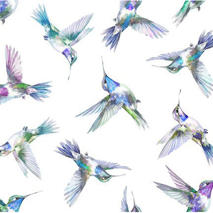 A repeating pattern of colorful hummingbirds in flight on a light background.