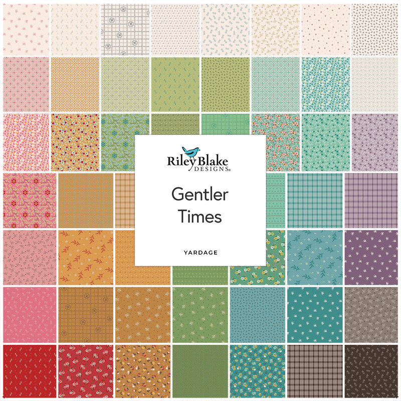 A collage of colorful fabrics included in the Gentler Times collection, with a Gentler Times by Riley Blake Designs tag in the center