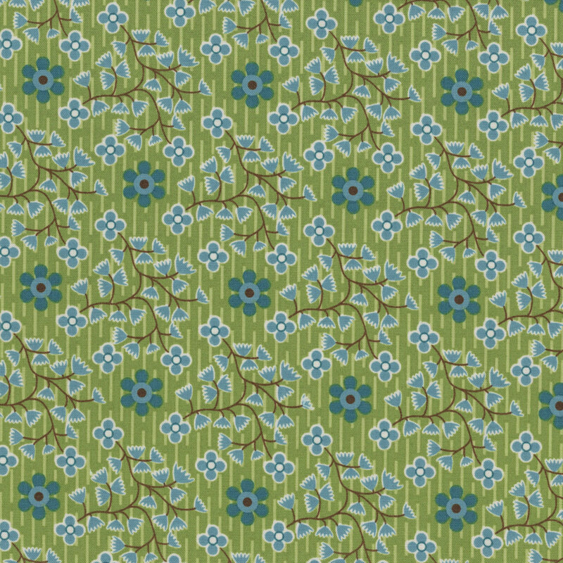 Repeating floral pattern with green background, featuring blue and white flowers and leafy branches.