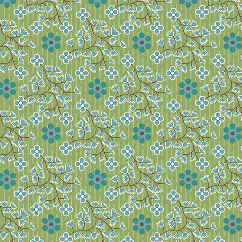 Repeating floral pattern with green background, featuring blue and white flowers and leafy branches.