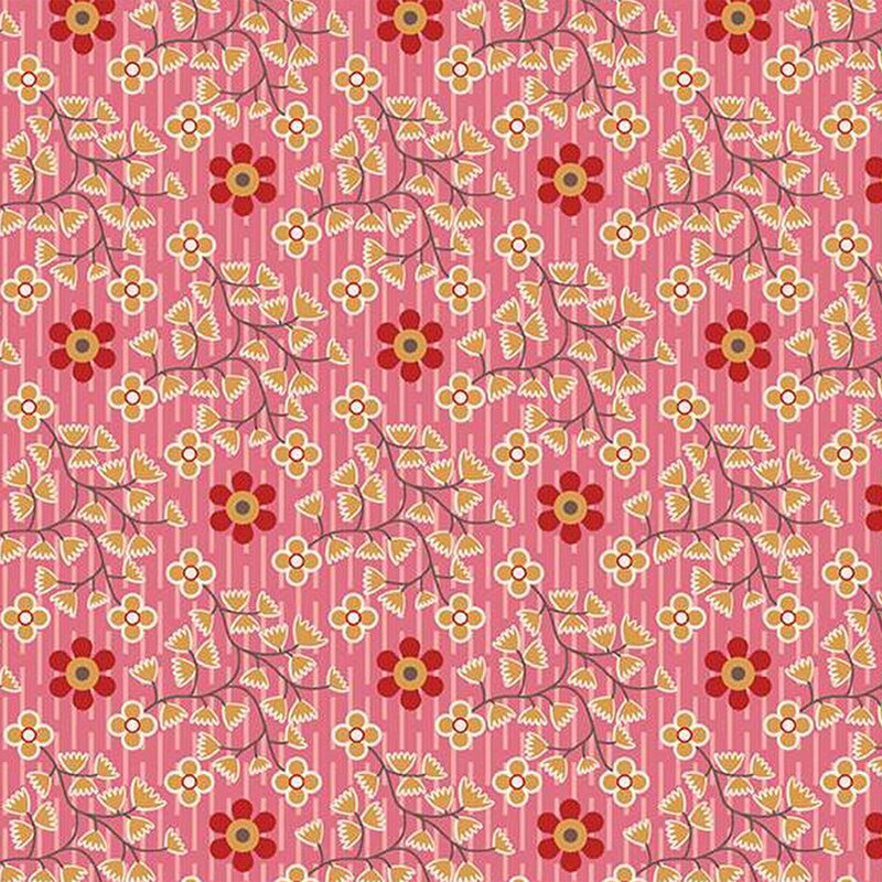 Floral fabric pattern with red and white flowers on a pink background, interspersed with yellow leaves.