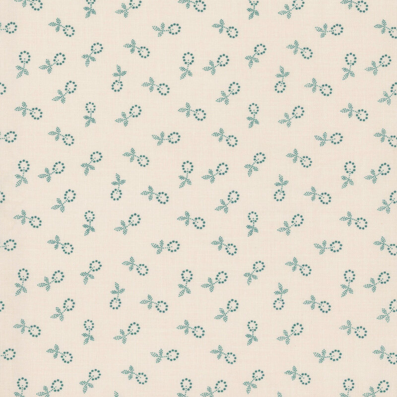 Fabric featuring a calico pattern of small blue flower blossoms on a light beige background.