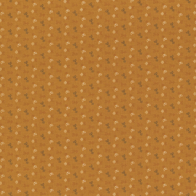 Patterned fabric with a brown background and small floral and geometric designs.