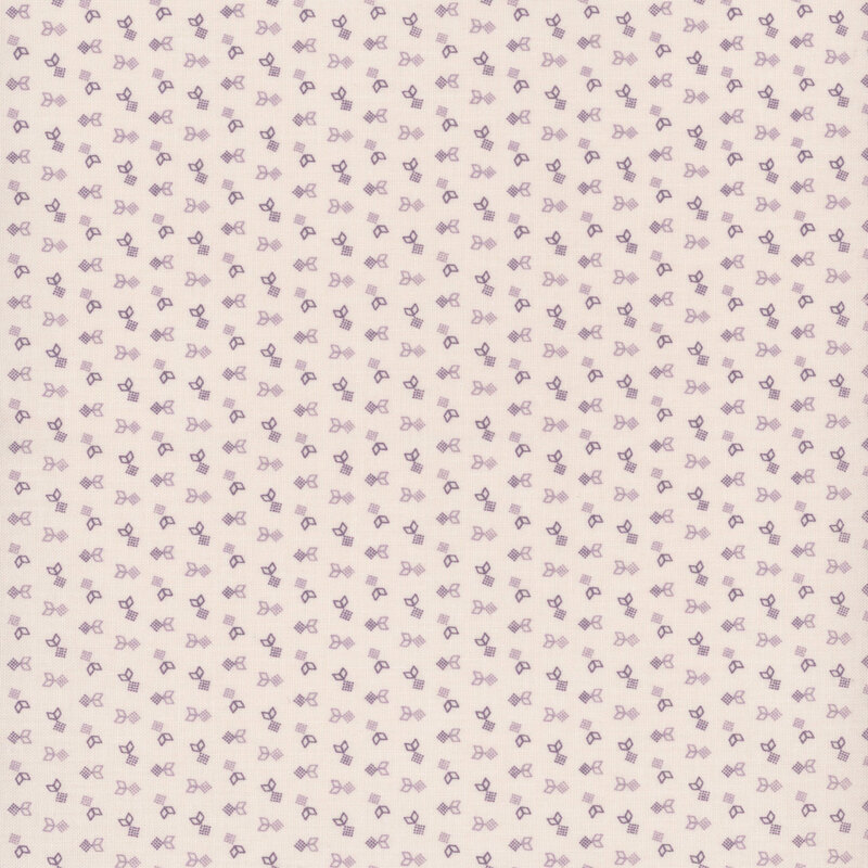 Light beige fabric pattern with small purple flowers arranged in a repetitive design.