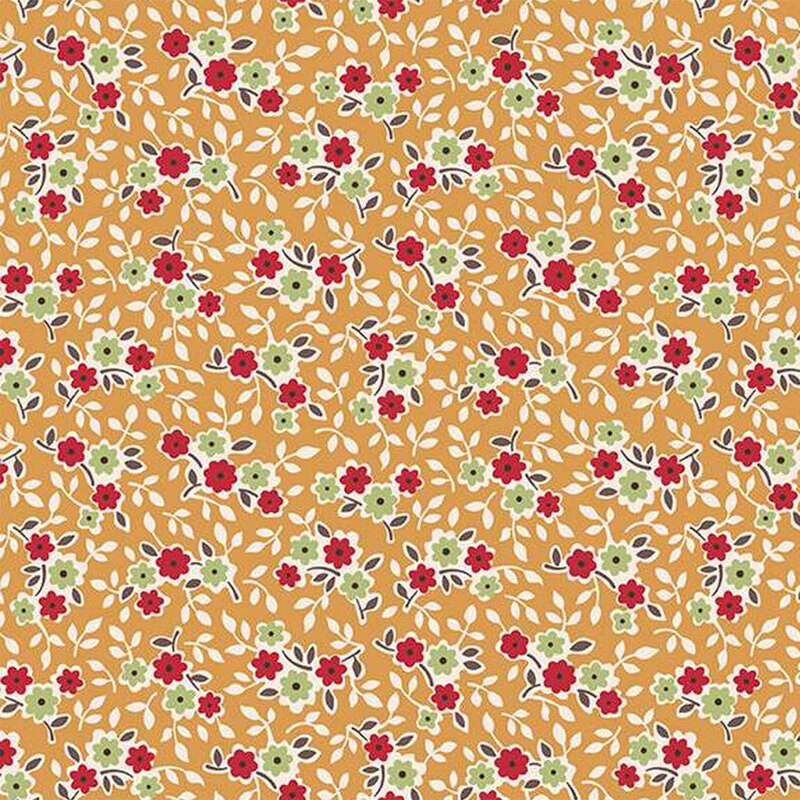 A repeating pattern of red, green, and white flowers on a brownish orange background.