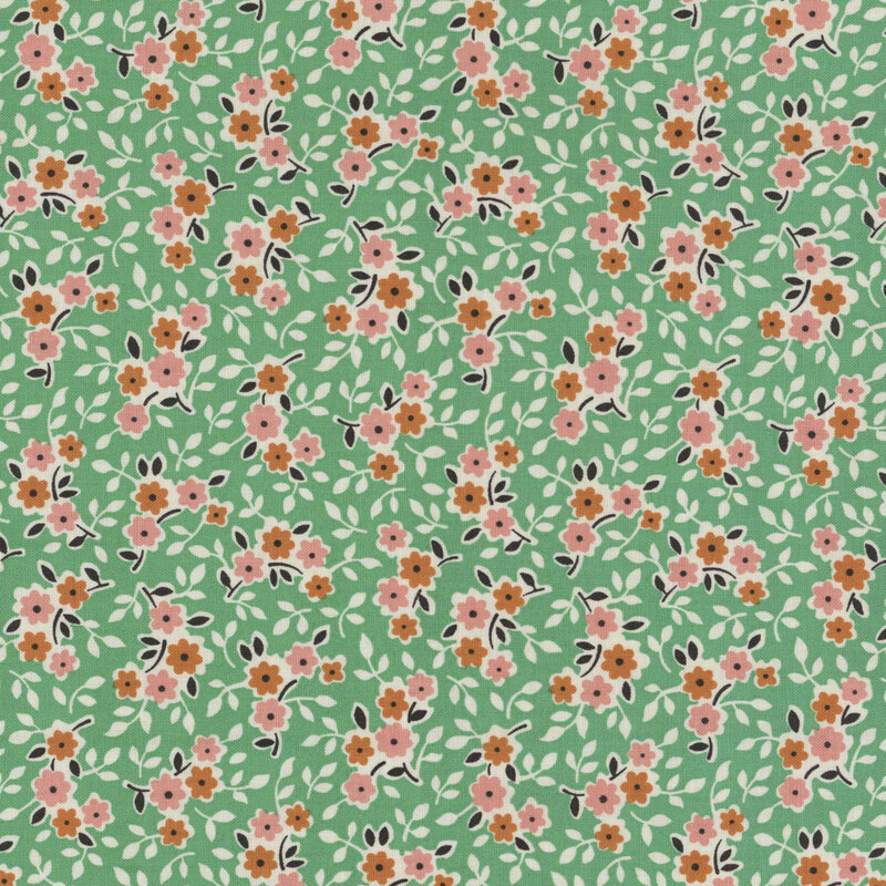 A teal background fabric covered with small, colorful floral patterns in shades of pink, yellow, and white.