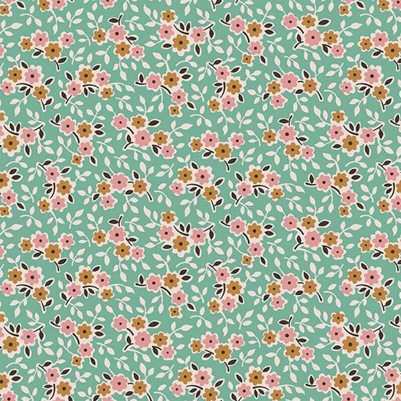 A teal background fabric covered with small, colorful floral patterns in shades of pink, yellow, and white.