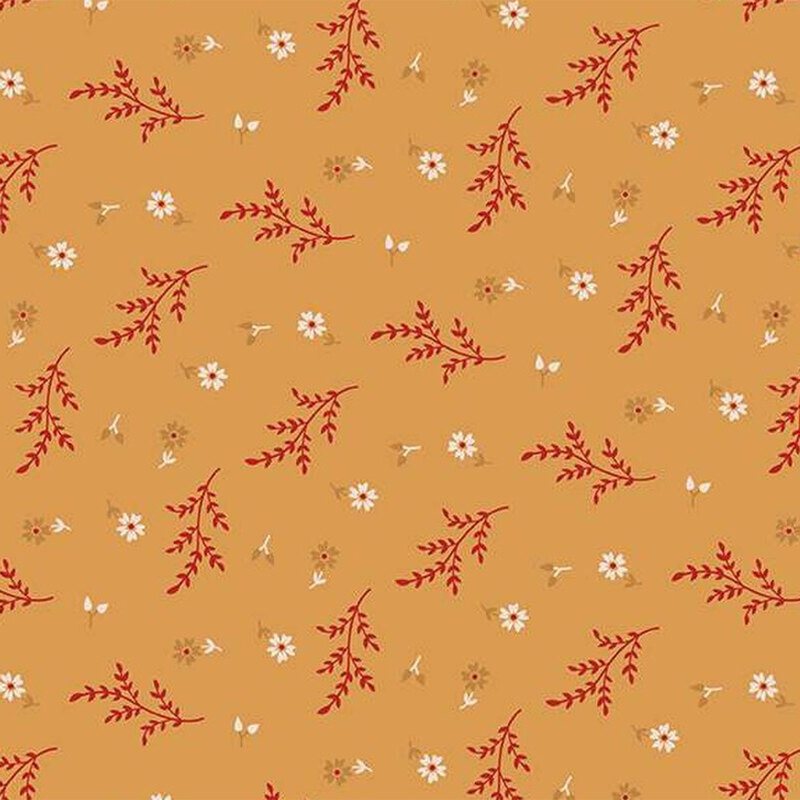 Pattern of small white and yellow flowers with red stems on a warm, mustard-colored background.