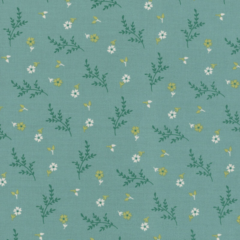 Pattern of small flowers and leaves in green and white on a teal background.