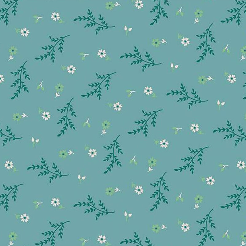 Pattern of small flowers and leaves in green and white on a teal background.