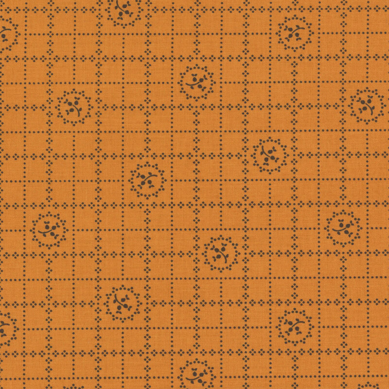 Orange patterned background featuring a grid design with black floral motifs at regular intervals.