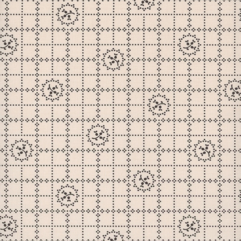 A light beige fabric featuring a grid pattern with black floral motifs at regular intervals.