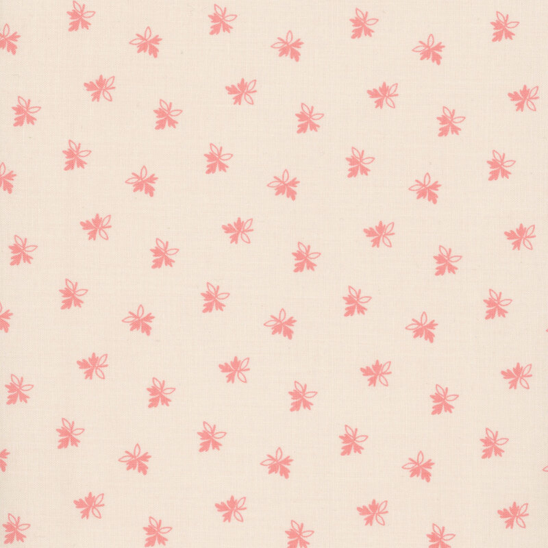 Floral fabric with a pale pink background, featuring small, pink, scattered leaves.