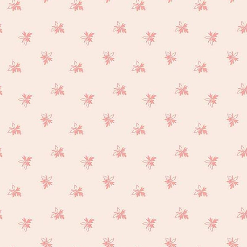 Floral fabric with a pale pink background, featuring small, pink, scattered leaves.