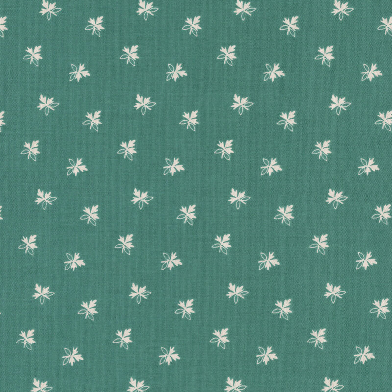 Floral fabric with a deep teal background, featuring small, white, scattered leaves.