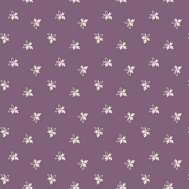 Floral fabric with a plum purple background, featuring small, white, scattered leaves.