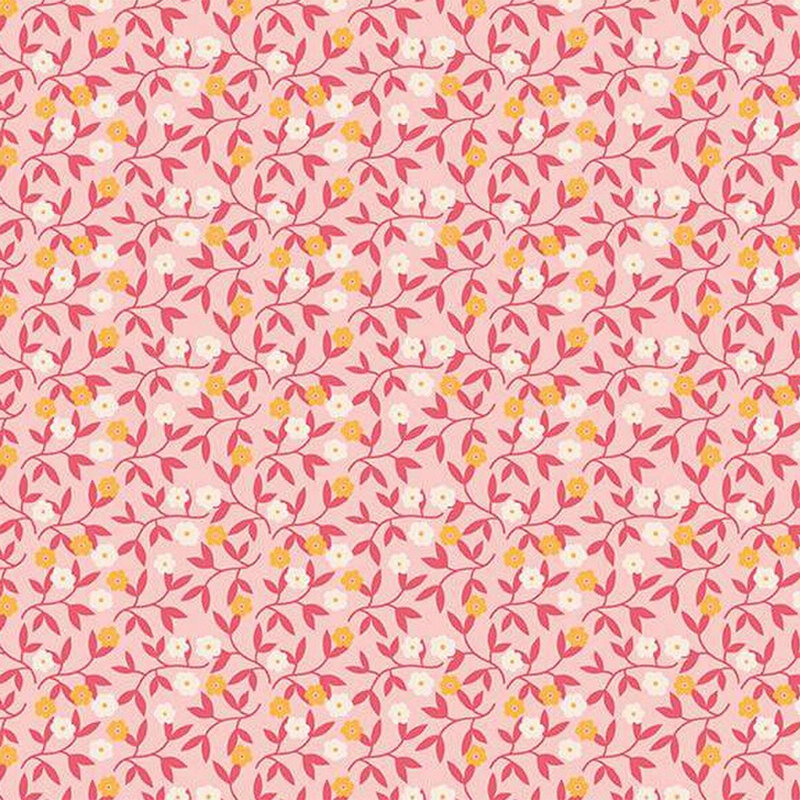 A repeating fabric pattern of vines and flowers on a pink background, featuring soft colors and whimsical design.