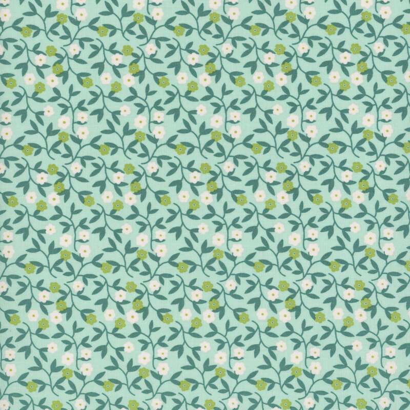 A repeating fabric pattern of vines and flowers on an aqua background, featuring soft colors and whimsical design.