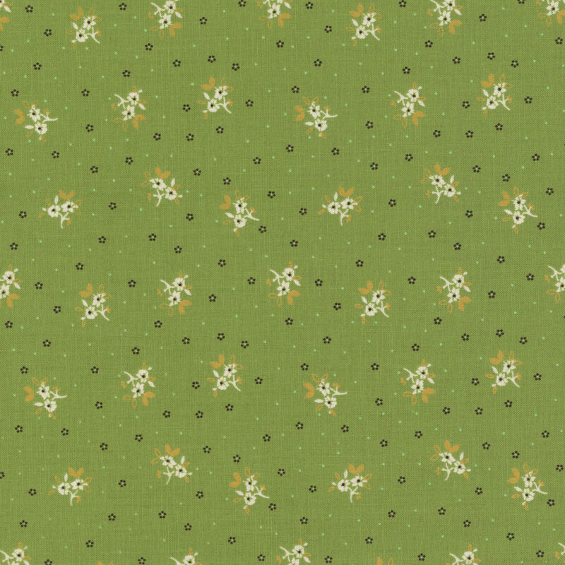 A seamless fabric pattern with small white flowers and black accents on a green background.