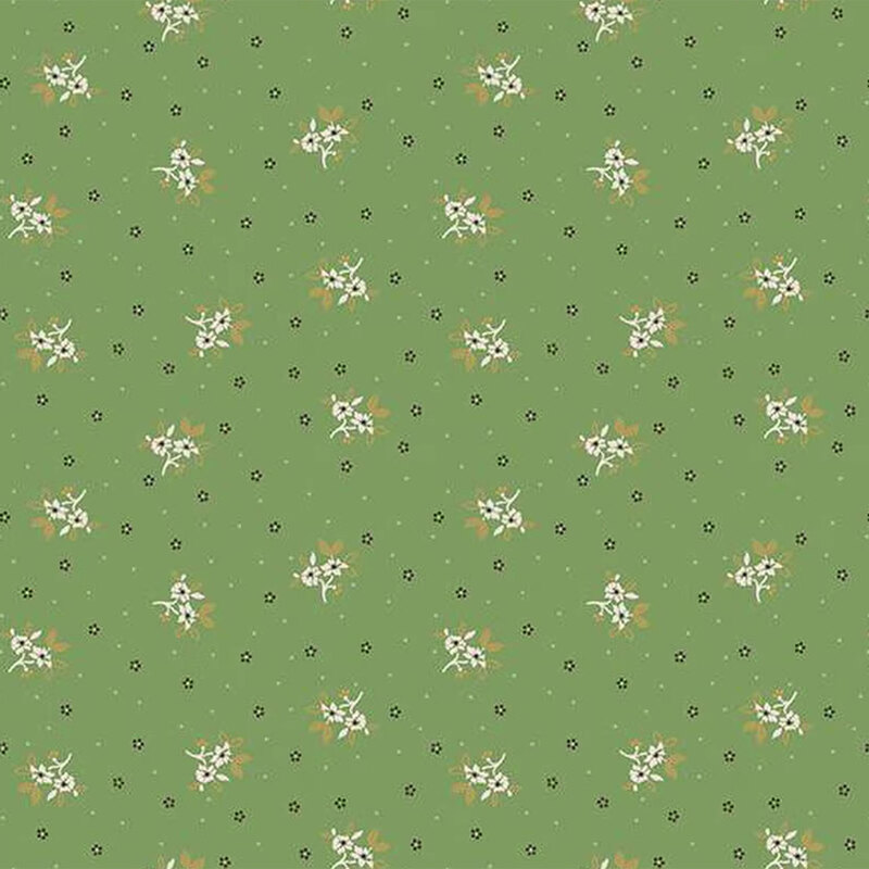 A seamless fabric pattern with small white flowers and black accents on a green background.