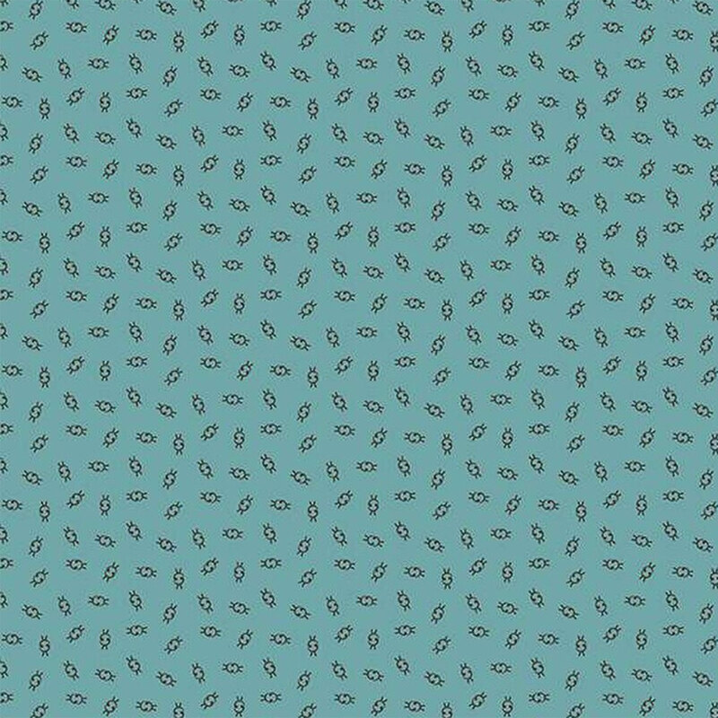 Fabric with a blue background featuring small, repeated ditsy illustrations.