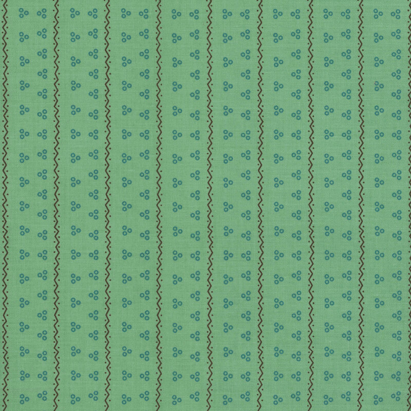 Fabric featuring turquoise stripes with alternating designs of circle clusters and wavy lines.