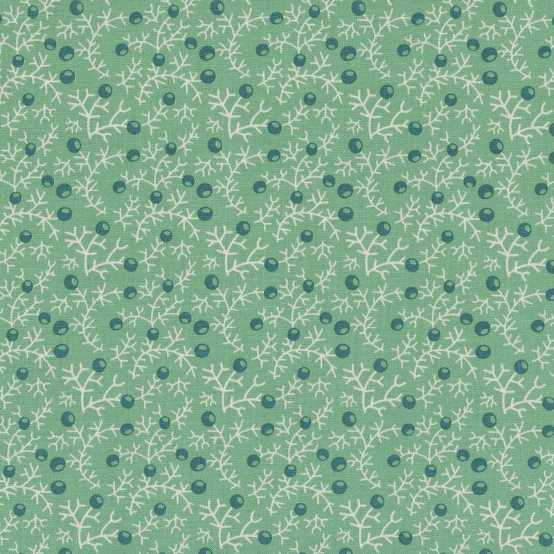 Repeating pattern of teal circles and white branches on a light green background.