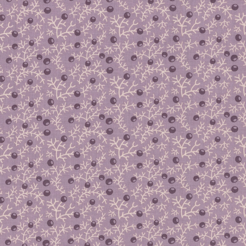Light purple fabric pattern featuring delicate white branches and dark purple berries.