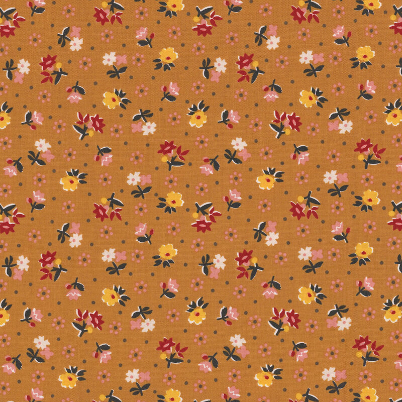 A floral fabric featuring various colorful flowers on a warm brown background.