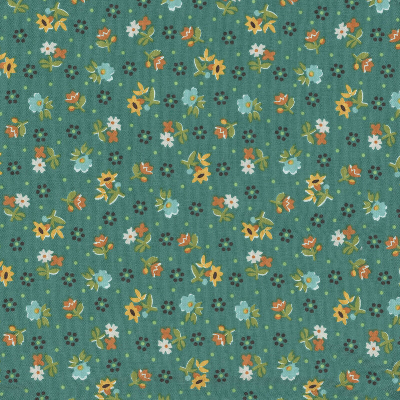 A fabric with small floral designs in yellow, white, and teal on a dark teal background.