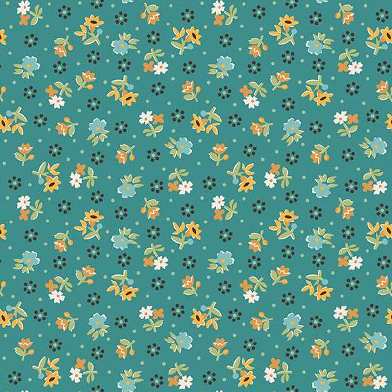 A fabric with small floral designs in yellow, white, and teal on a dark teal background.